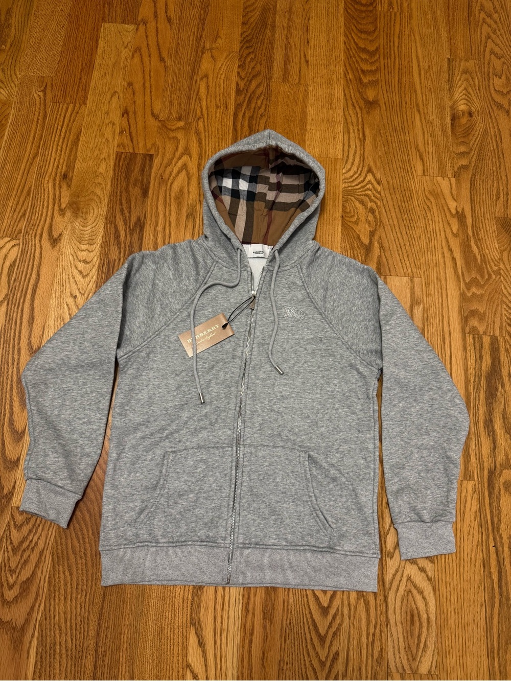 Burberry Gray Zip-Up Hoodie with Check Hood Lining